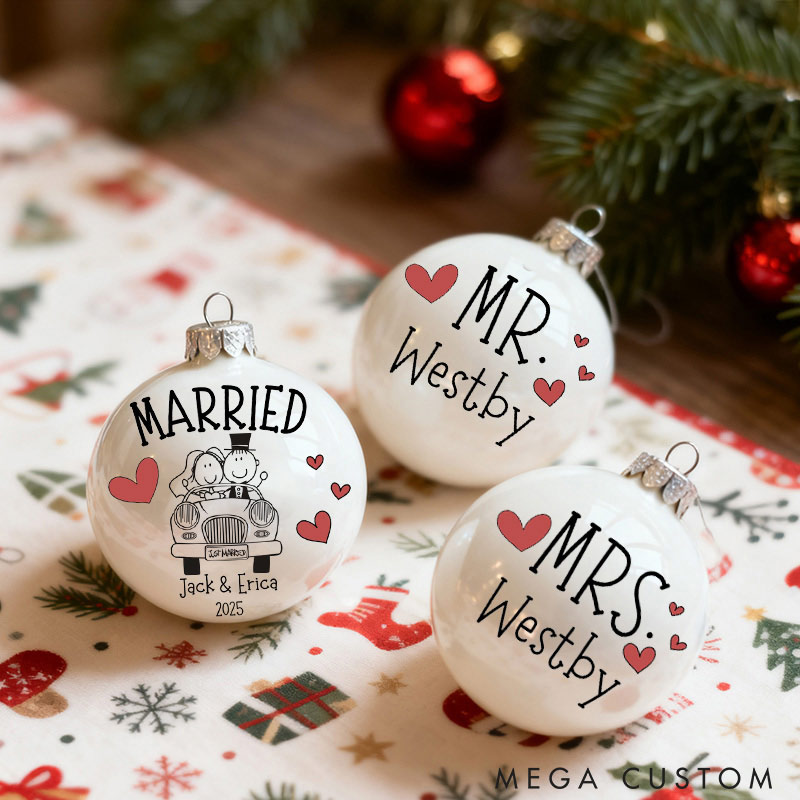 Personalized Mr and Mrs Matching Christmas Ball Ornament Our First Christmas Ornament Set For Newlywed Couple Wedding Ornament Keepsake