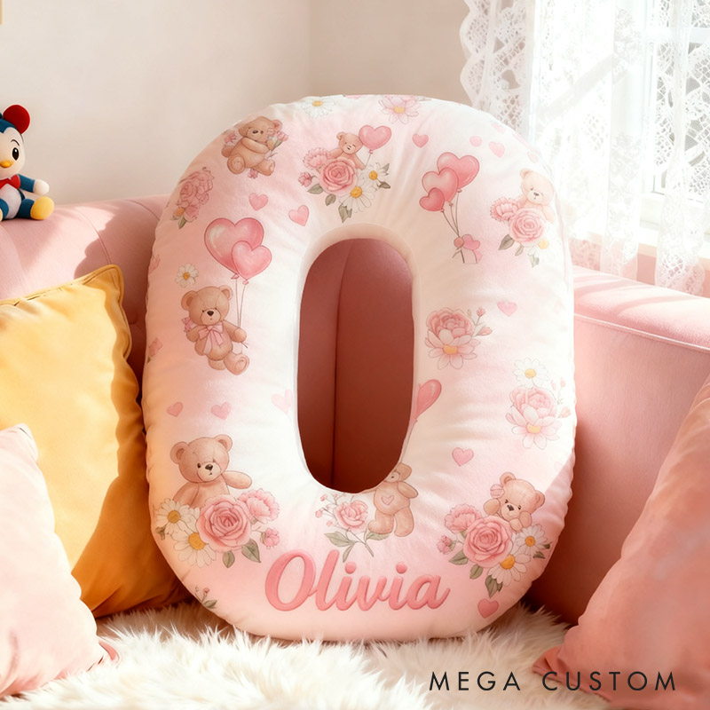 Personalized Flower Girl Pink Floral Bear Heart Balloon Letter Pillow Custom Couple Cushion Wedding Gift for Girl Christmas Gift for Girlfriend Wife