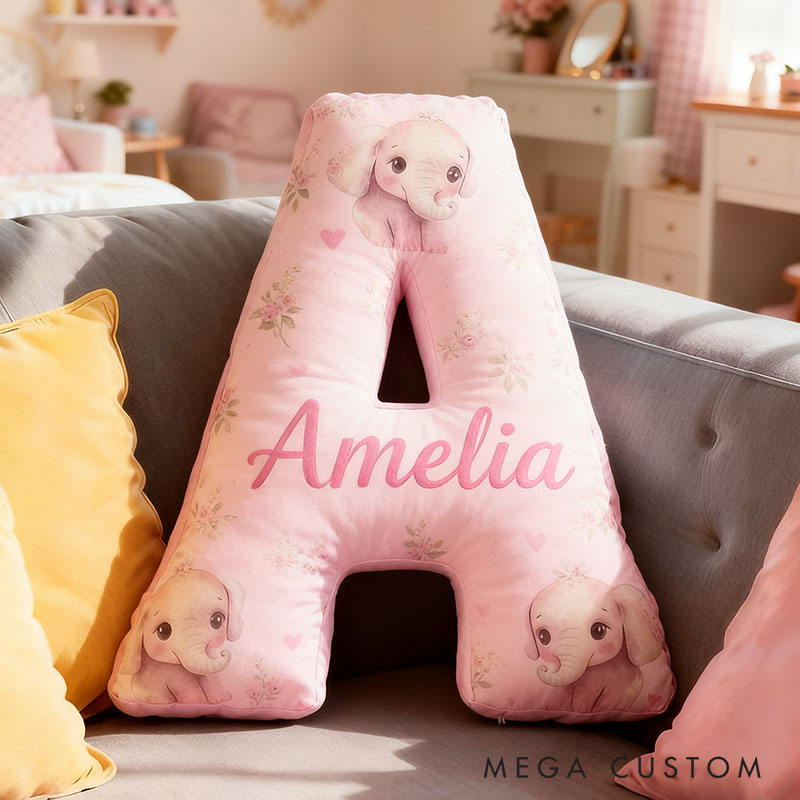 Personalized Flower Girl Pink Floral Elephant Heart 26 Letter Pillow Custom Girl Name Cushion Wedding Gift for Girl Christmas Gift for Girlfriend Wife