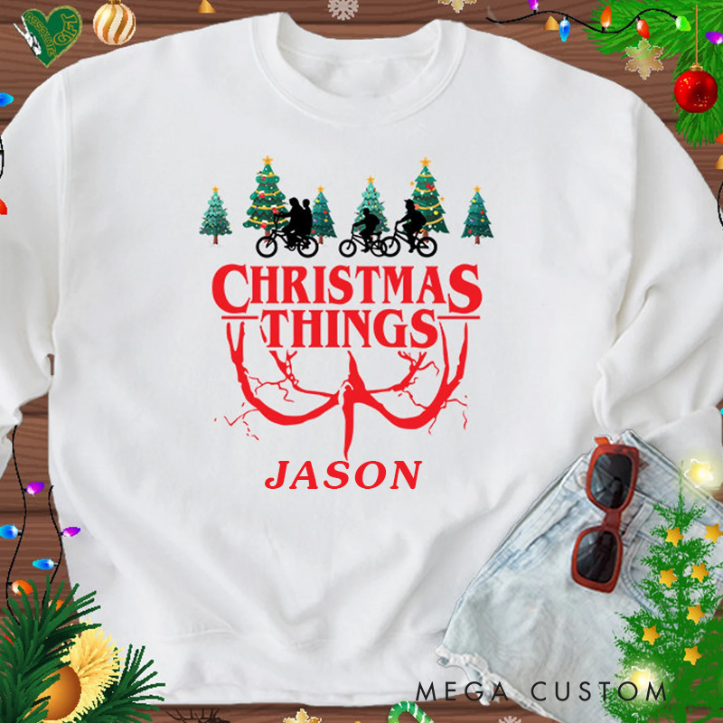 Personalized Cycling Christmas Sweatshirt Strange Cycling Things Funny Biking Holiday Sweater with Name Sweatshirts Gift for Rider Friends Cycling Riding Lovers