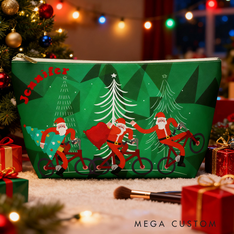 Personalized Cycling Santas Zip Case Makeup Bag with Name Christmas School Everyday Gift for Women