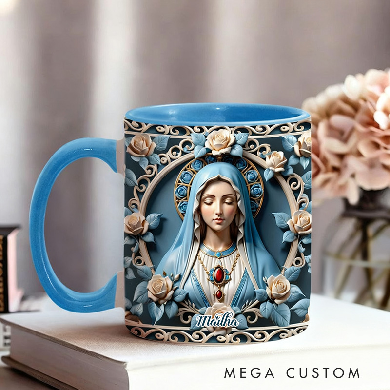 Personalized Mother of God Rosette Wreath Emblem Ceramic Mug with Name Religious Inspirational Gift Faith Gift Catholic Gift for Women
