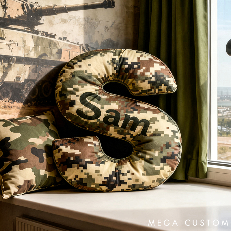 Personalized Camo Throw Pillow Initial Shaped Pillow Custom Throw Pillow with Name Military Style Pillow Gift for Men Boys Military Adventure-Themed Gifts