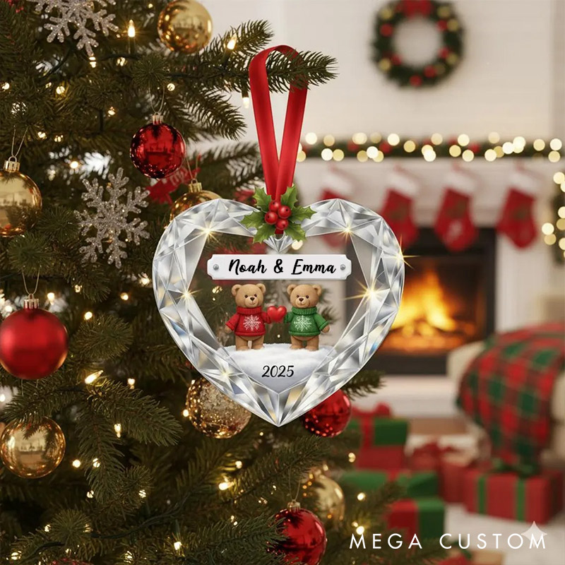 Personalized Faux Diamond Bear Couple 2D Flag Coustom Name Date Location Ornament Chrismas Decoration Gift for Husband Wife for Girfriend Boyfriend