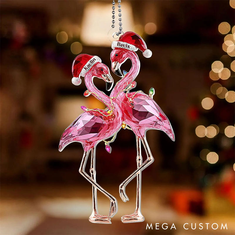 Personalized Faux Diamond Flamingo Couple 2D Flag Coustom Name Date Location Ornament Chrismas Decoration Gift for Husband Wife for Girfriend Boyfriend