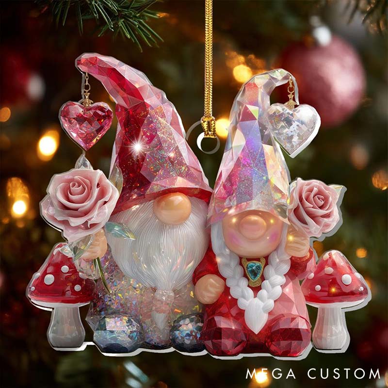 Personalized 2D Flat Printed Crystal Gnome Couple Acrylic Christmas Ornament Custom Newlywed Xmas Ornament Our First Christmas Gift for Him Her