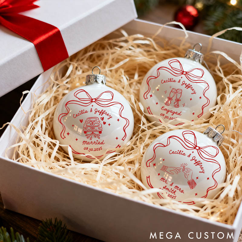 Personalized Our First Christmas as Mr and Mrs Matching Christmas Ball Ornament Set Newlyweds Couple Bow Married Ornament Christmas Gift for Him Her