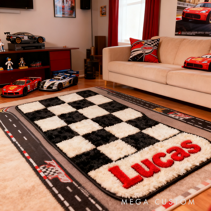 Personalized Racing Checkered Flag Rug Custom Name Black and White Carpet for Racers Room or Racing Fans