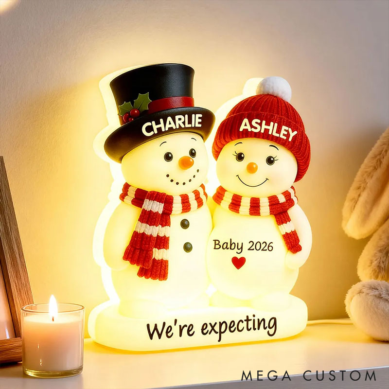 Personalized Couple Snowman Parents We're Expecting Pregnancy Baby Arriving Light Box Custom Night Light Decor Our First Christmas Gift for Him Her