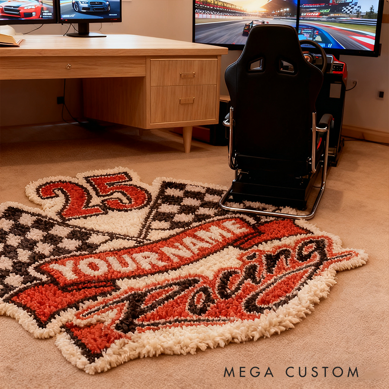 Personalized Racing Flag Rug Custom Name Checkered Flag Carpet for Racers and Motorsport Fans