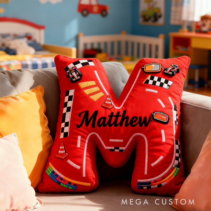 Personalized Racing Letter Pillow Custom Name 3D Graphic Print Race Track Alphabet Cushion for Racers and Motorsport Fans