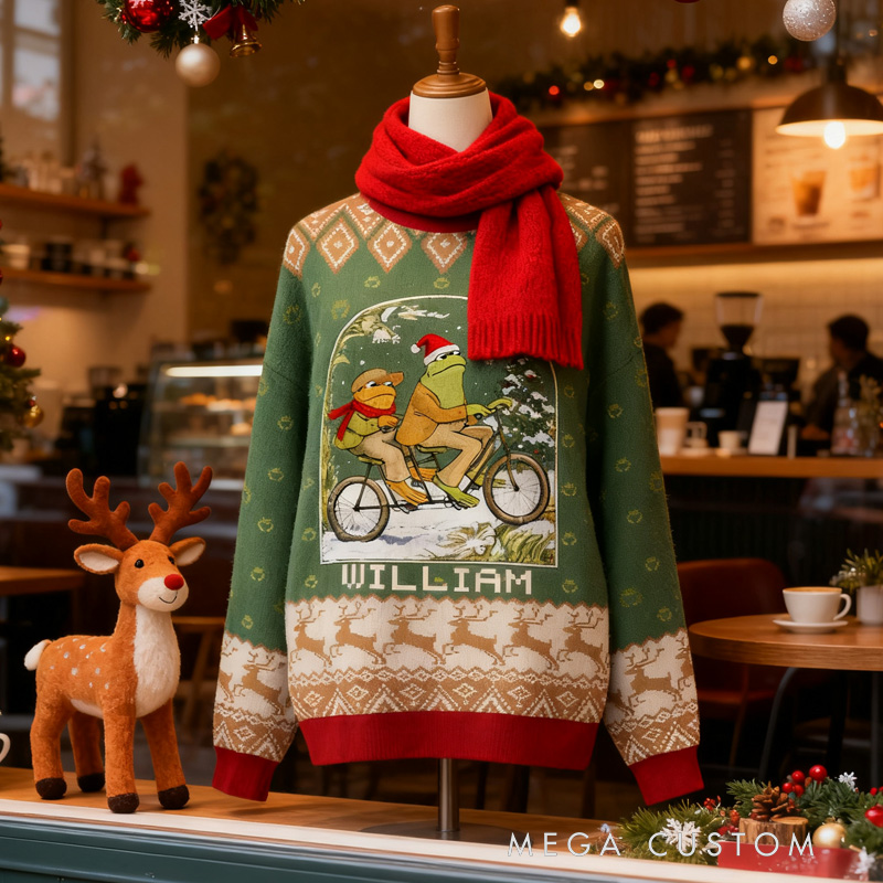 Personalized Frog Reading Ugly Christmas Sweater Funny Cyclist Gift Bicycle Holiday Jumper Bike Rider Christmas Keepsake Riding Lovers