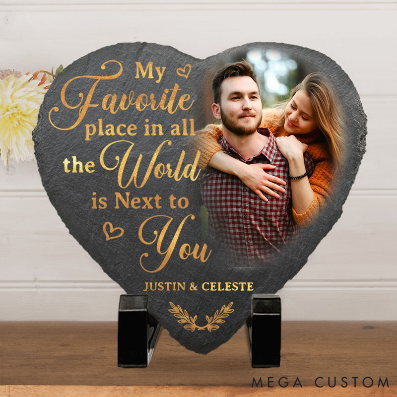 Personalized Couple Photo My Favorite Place In All The World Is Next To You Heart Shaped Stone With Stand First Christmas Gift Valentine's Day Gift