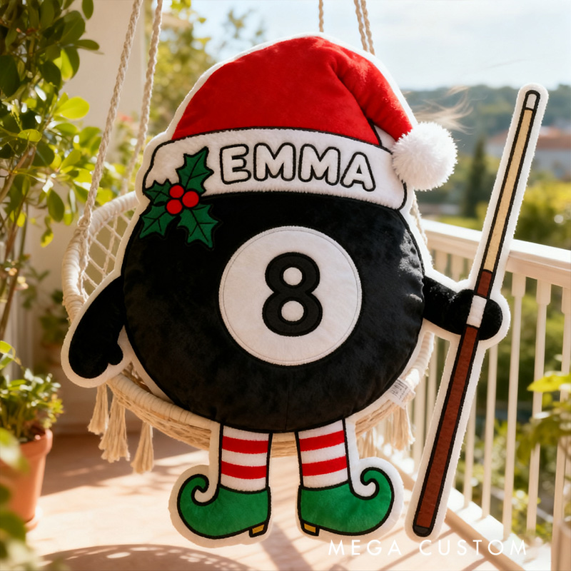Personalized Christmas Pool Ball Pillow with Custom Name and Festive Design for Pool Lovers 