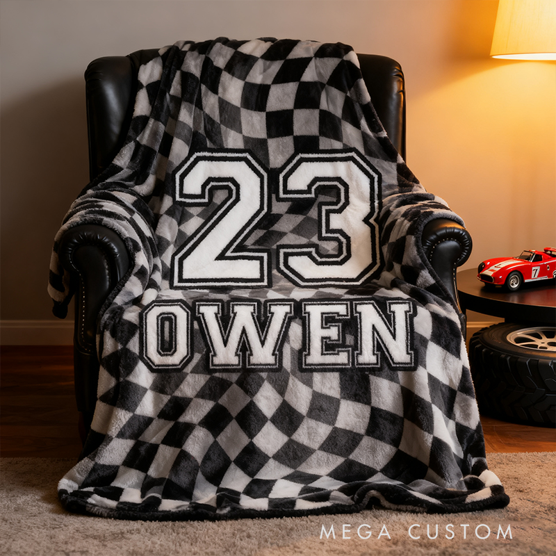 Custom Racing Checkered Flag Blanket Personalized Name and Number Sport Throw Blanket Gift for Racers and Motorsport Fans