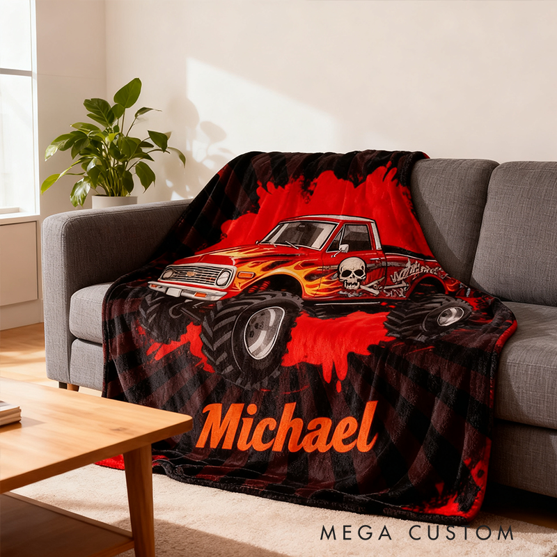 Personalized Monster Truck Blanket Custom Name Off Road Racing Throw Blanket for Racers and Racing Lovers