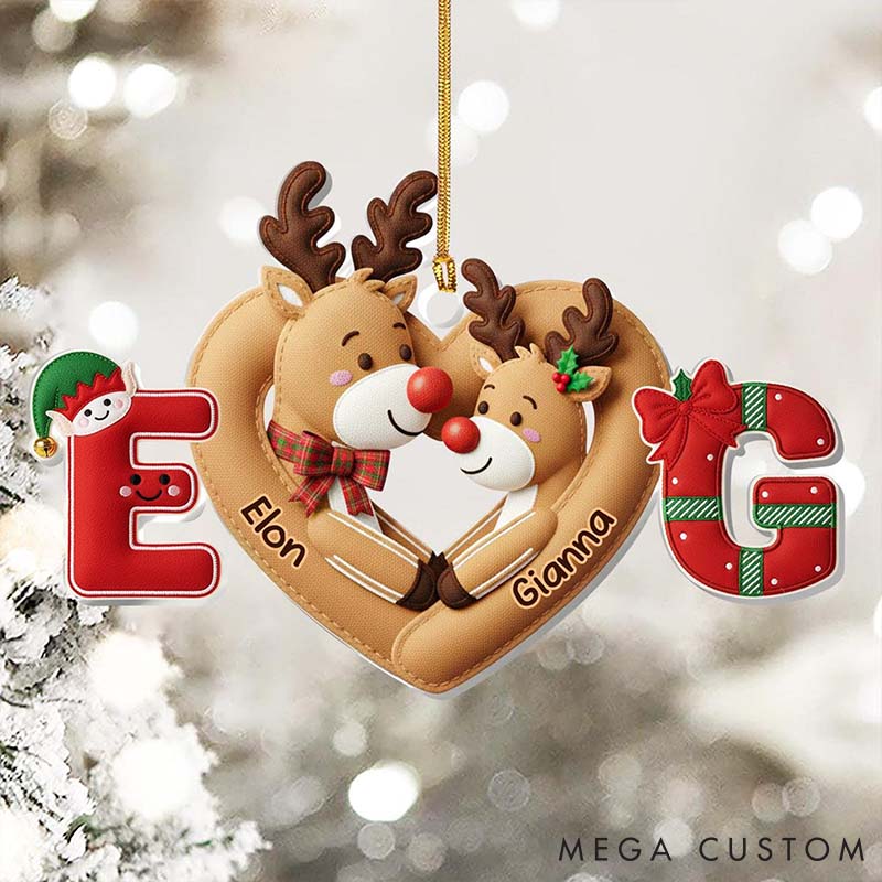 Personalized Couple Faux Fabric Reindeer 2D Flat Printed Acrylic Christmas Ornament Custom Newlywed Name Heart Xmas Ornament Our First Christmas Gift