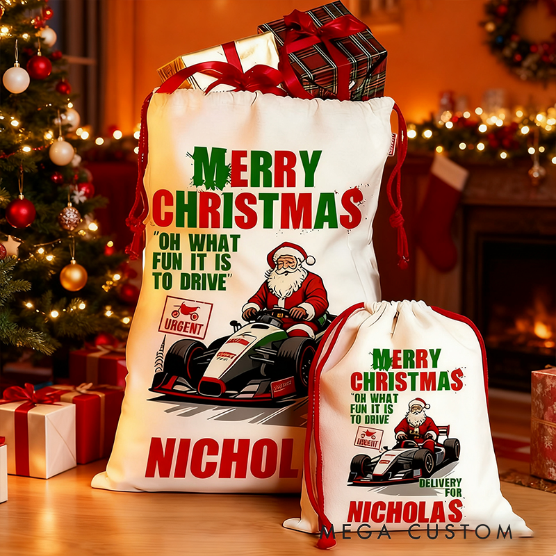 Personalized Racing Santa Christmas Gift Bag Custom Name Santa Sack Holiday Decoration for Racers and Racing Lovers