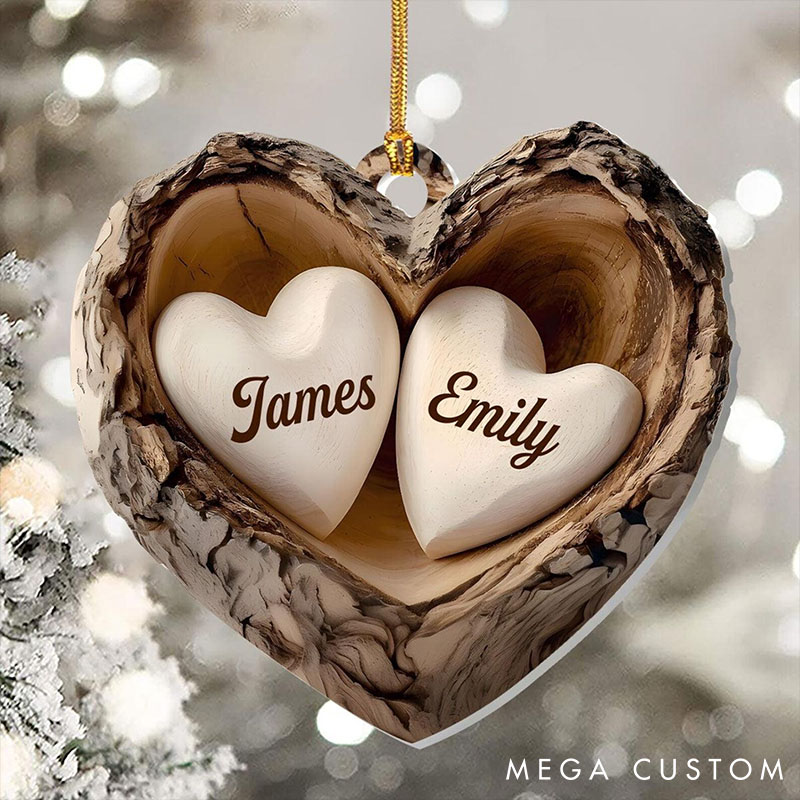 Personalized Rustic Couple Heart Ornament Custom 5 Years Anniversary Gift Ornament 2D Flat Acrylic Two Hearts Christmas Keepsake for Couple 