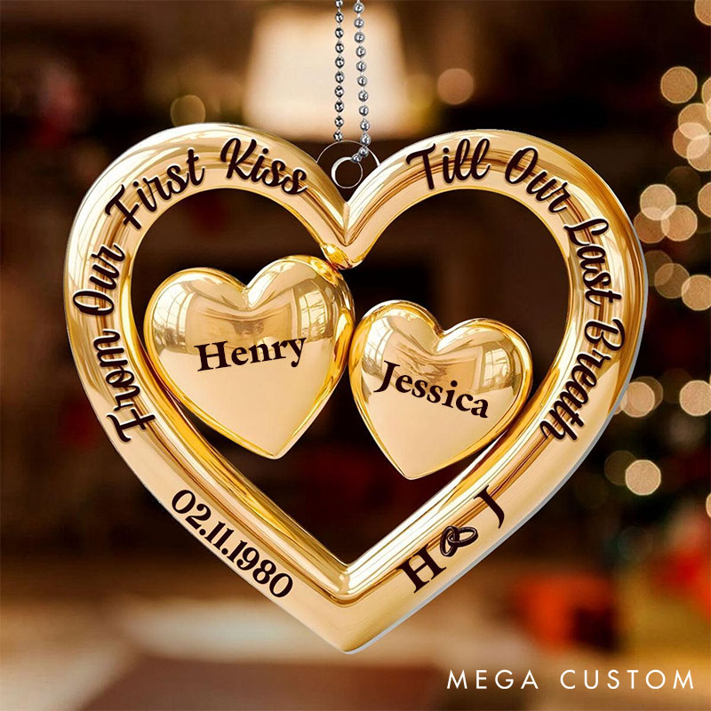 Personalized Couple Heart Ornament Custom Xmas Golden Heart Keepsake Couple Anniversary Heart Ornament 2D Flat Ornament for Husband Wife