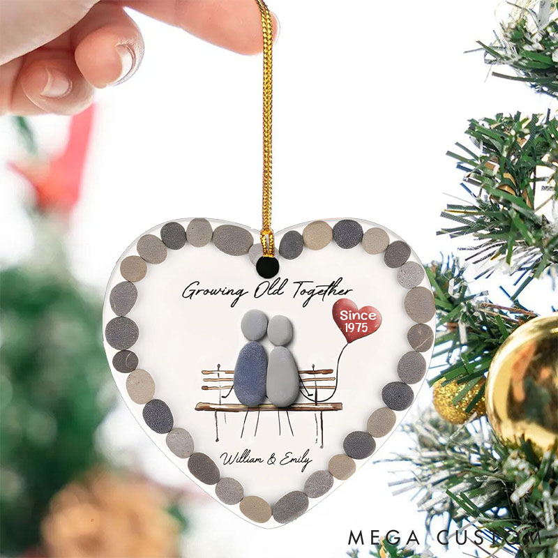 Personalized Growing Old Together Heart Ornament Couple Pebble Art Keepsake 2D Flat Anniversary Gift for Husband Wife Couple Christmas Gift