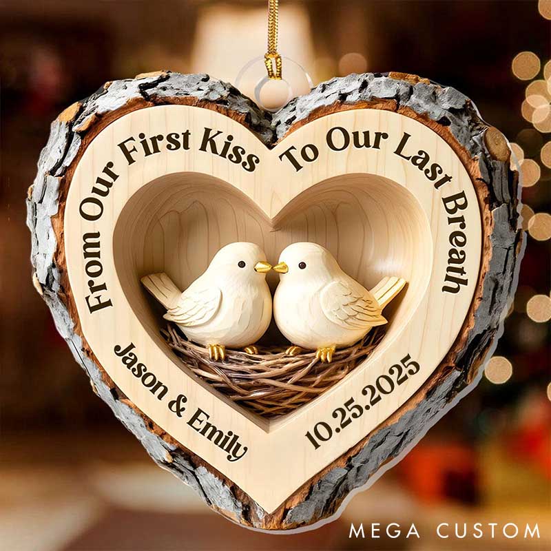 Personalized Couple Faux Wood Love Birds Acrylic Christmas Ornament 2D Flat Printed First Kiss To Last Breath Ornament Anniversary Christmas Gift