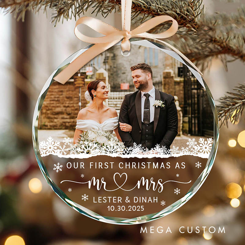 Personalized Couple Wedding Photo Glass Ornament Custom First Christmas Married Glass Ornament Our First Christmas Gift Engagement Gift for Newlyweds