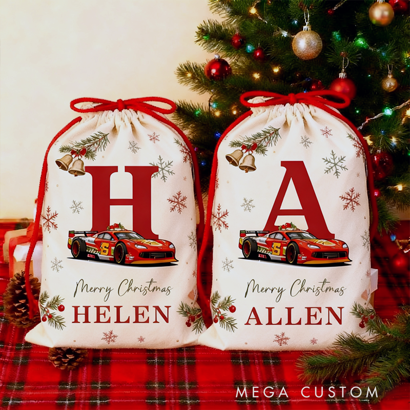 Personalized Initial and Name Racing Car Christmas Sack Custom Gift Bag for Vehicle Lovers and Holiday Decor