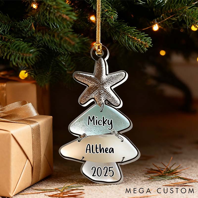 Personalized Couple Sea Glass Tree Acrylic Christmas Ornament Custom Beach Christmas Keepsake 2D Flat Printed Ornament Starfish Christmas Gift