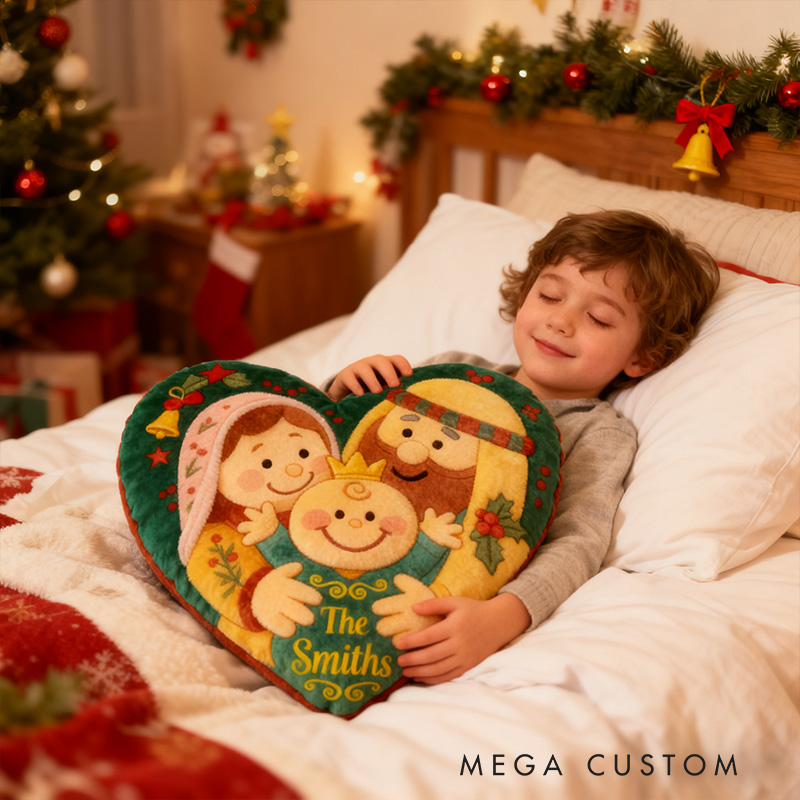 Personalized Nativity Scene Heart Pillow with Family Name Home Decor Graphic 3D Print Pillow Religious Gift for Christians