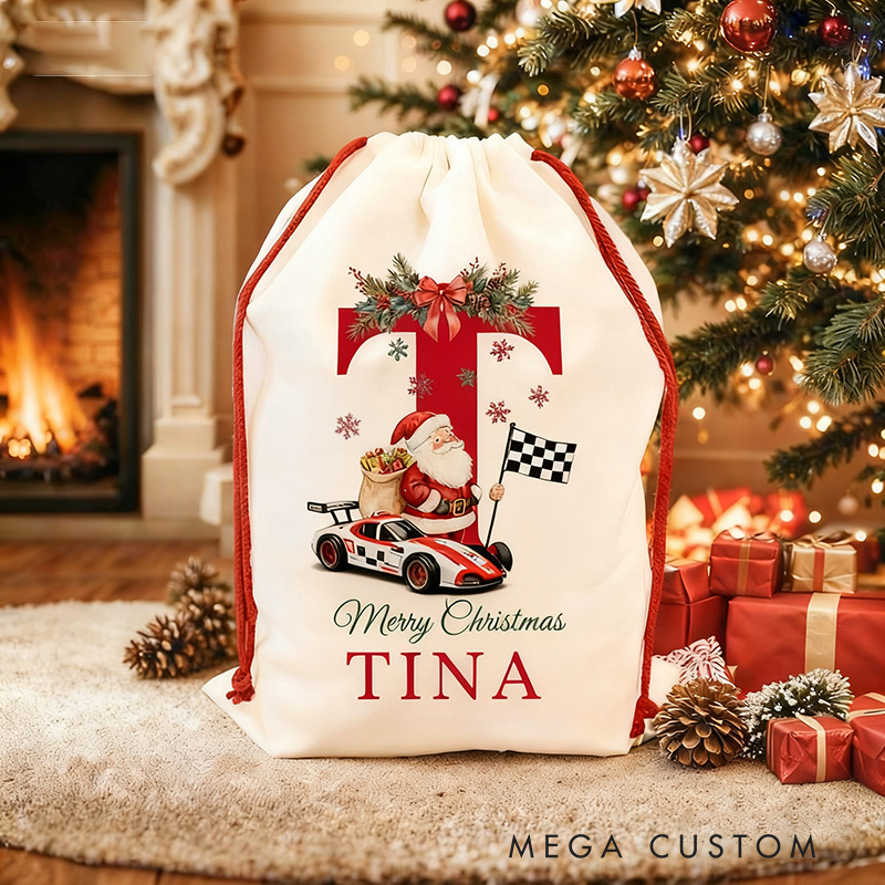 Personalized Racing Car Christmas Sack Custom Initial and Name Gift Bag for Racing Car Lovers and Holiday Celebration