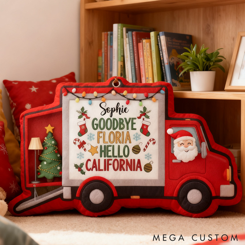 Personalized Moving Truck Pillow Custom Holiday Decoration with Names and Locations Keepsake for New Beginnings and Home Decor Christmas Gifts