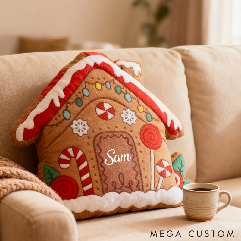 Personalized Gingerbread House Pillow Custom Holiday Decoration with Name Festive Christmas Design Cozy Keepsake Cushion for Seasonal Home Decor