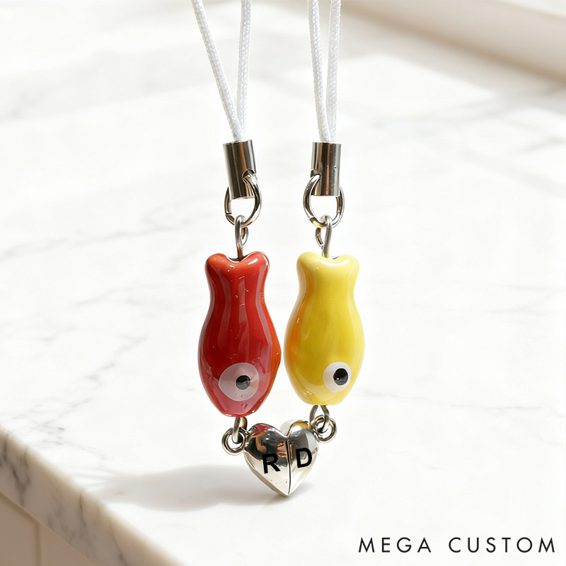 Personalized Couple Magnetic Matching Fish Keychain Set Custom Initials Ceramic Phone Bag Charm Valentine's Day Gift for Him Her Boyfriend Girlfriend