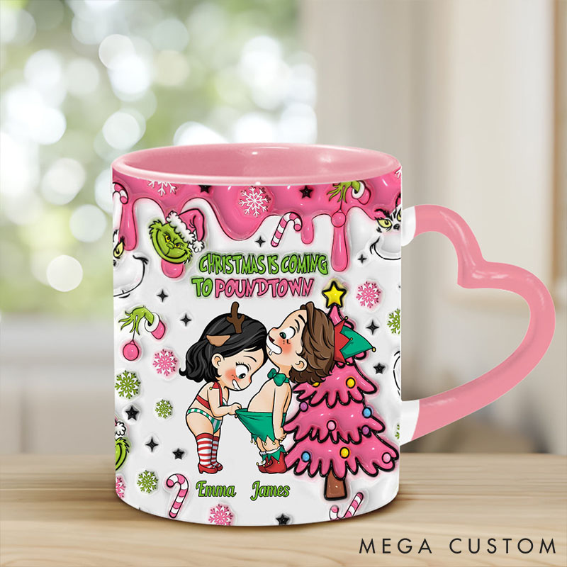 Personalized Couple Christmas Is Coming Ceramic Mug Custom Cute Couple Sex Heart Handle Mug Christmas Gift for Him Her Boyfriend Girlfriend