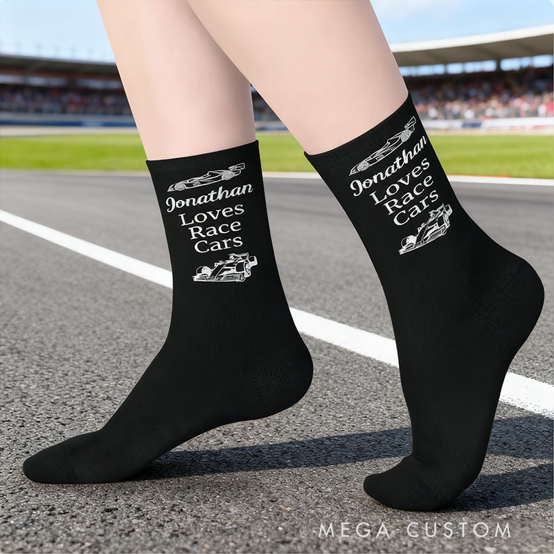 Personalized Race Car Socks Custom Name Socks for Drivers Car Lovers and Racing Fans