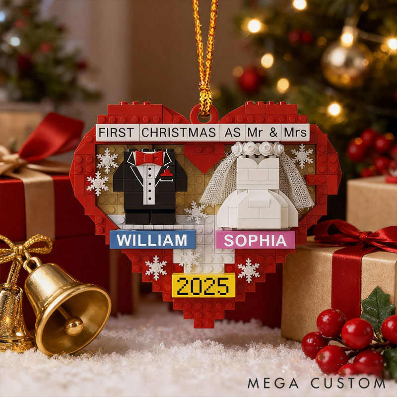 Personalized Frist Christmas As Mr Mrs Couple Ornament 2D Flag Brick-style Heart Shaped Chrismas Decoration Gift for Newlyweds Gift for Wife Husband