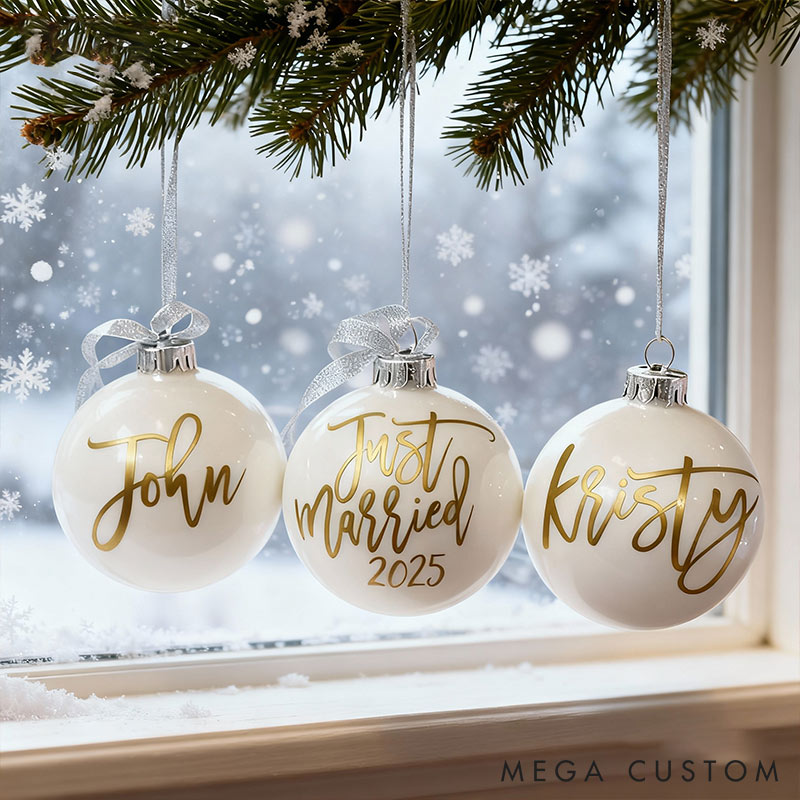 Personalized Just Married Matching Christmas Ball Ornament Our First Christmas Ornament Set For Newlywed Couple Wedding Ornament Keepsake