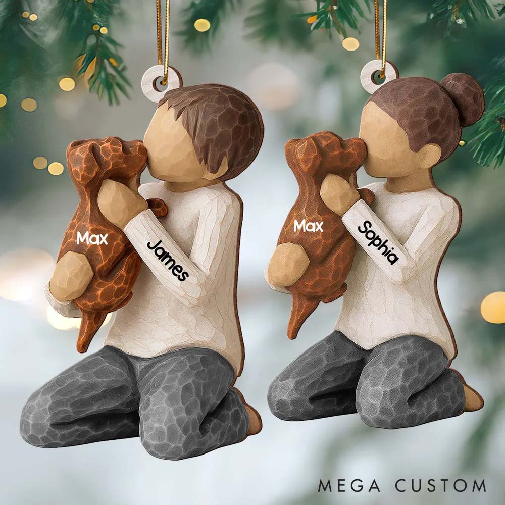 Personalized Dog Lover Boy Girl Hugging Dog Ornament