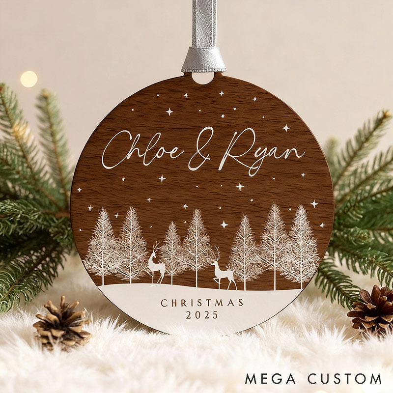 Personalized Woodland Scene Deer Couple Ornament 2D Flag Faux Wood Chrismas Decoration Keepsake Gift for Newlyweds Gift for Wife Husband
