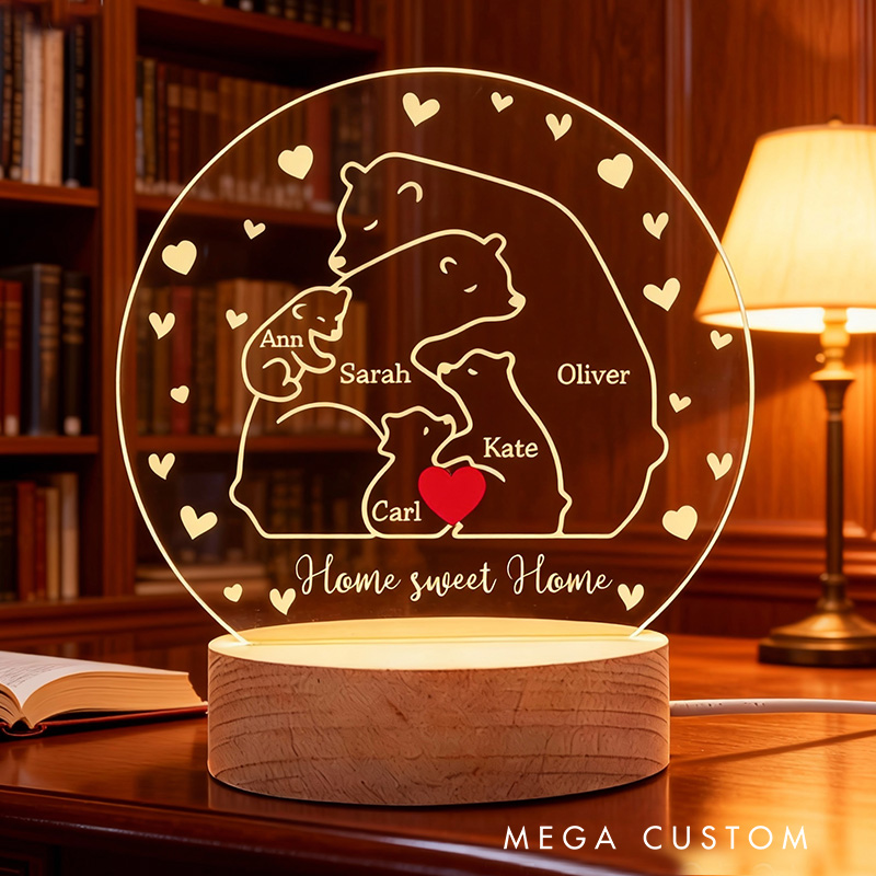 Personalized Heart Bear Family Acrylic LED Night Light with Wooden Base and Text Home Decor Gift for Mom Dad Family Bedroom Living Room Decor