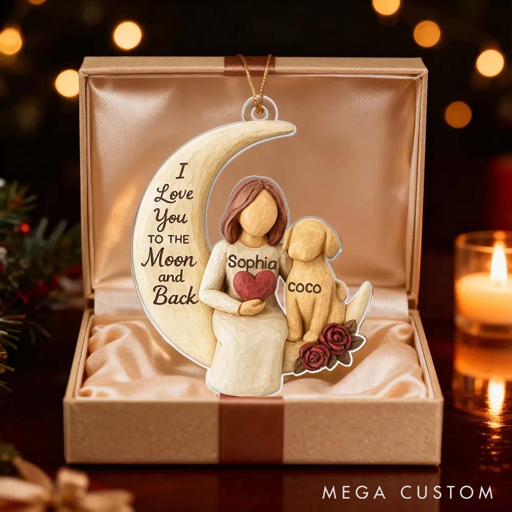 Personalized Dog Lover Woman and Dog Love to the Moon Ornament