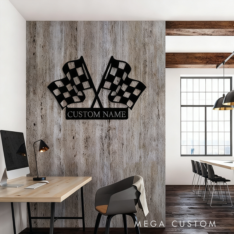 Personalized Checkered Flag Racing Metal Sign Custom Name Wall Art for Racers and Racing Lovers