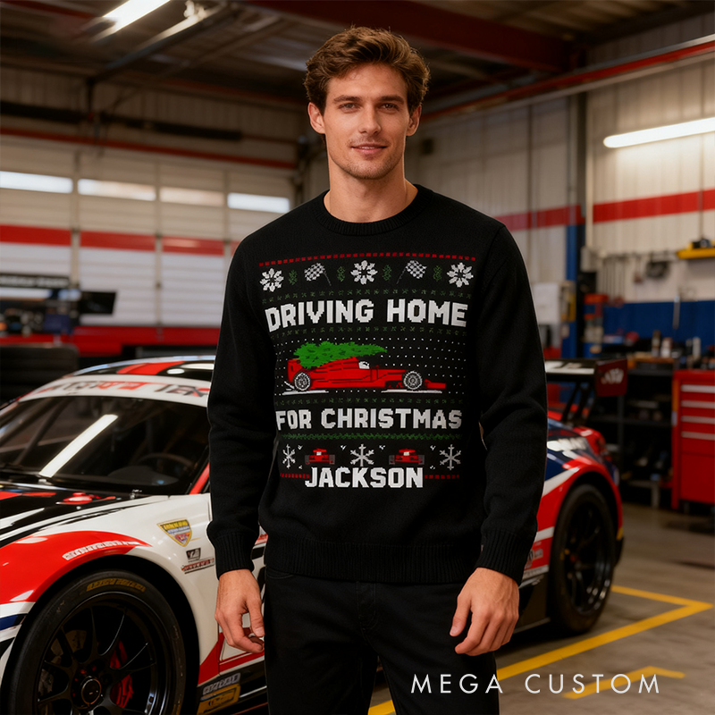 Personalized Racing Christmas Sweater Custom Name Holiday Jumper Gift for Car Lovers and Motorsports Fans