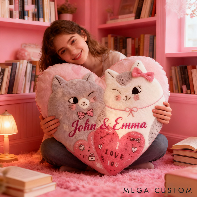 Personalized Couple Cats Heart Pillow with Name Custom Couple Valentine's Day Gift for Girl Christmas Gift for Girlfriend Wife