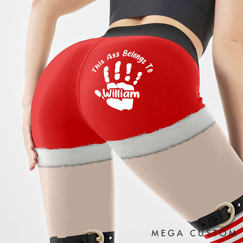 Personalized Funny Girlfriend Wife This Ass Belongs To Boyfriend Husband Leggings Woman Christmas Elf Leggings with Man Name Christmas Gift for Her