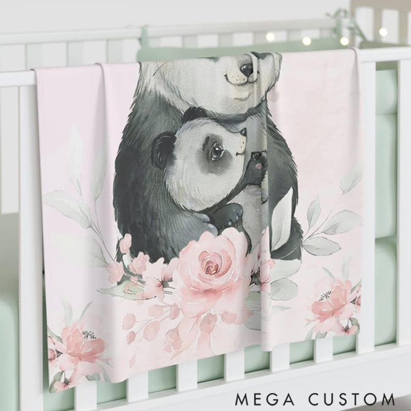 Personalized Mom and Baby Panda Custom Name Floral Panda Blanket Flowers Christmas Gift for Mom Grandma