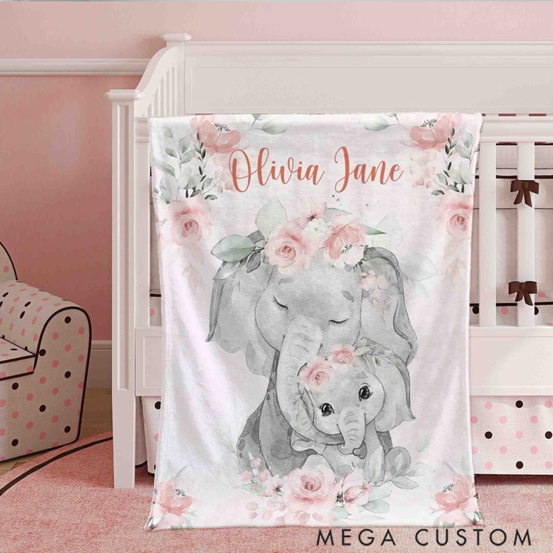 Personalized Mom and Baby Elephant  Custom Name Floral Elephant  Blanket Flowers Room Decor for Mom Grandma kids