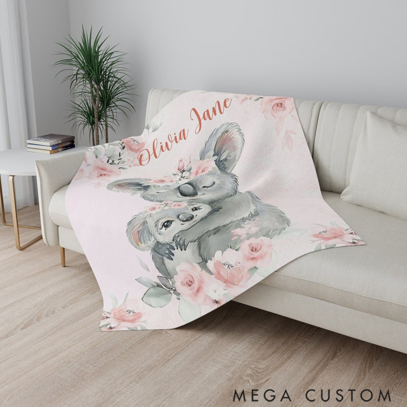 Personalized Mom And Baby Koala Custom Name Floral Elephant  Blanket Flowers Room Decor for Mom Grandma kids