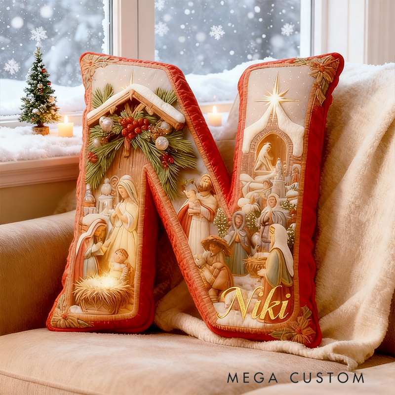 Personalized Nativity Scene Letter Pillow with Custom Name Christmas Festive Home Decor Graphic 3D Print Christian Gift Religious Gift